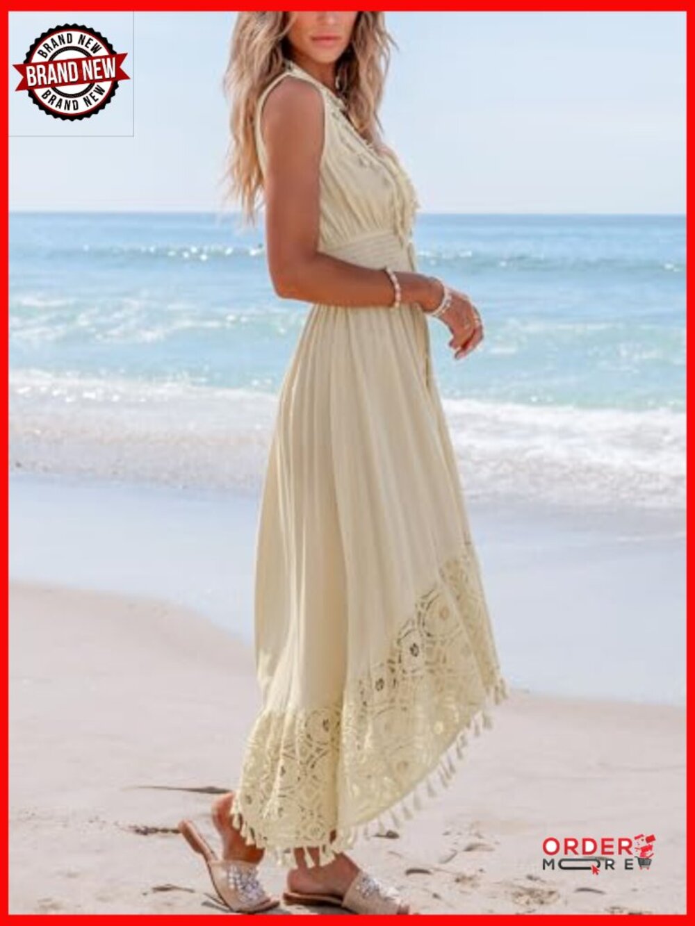 V-Neck Sleeveless Maxi Dress with Lace Tassel Smocked Waist - Picture 4 of 7